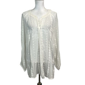 Indigo Soul Blouse Tunic size Large Ivory Beige Floral Embroidery Peasant Hippie